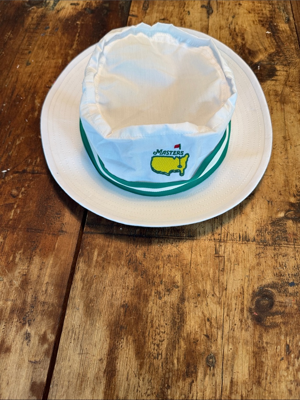 Masters White Bucket Hat with Green Trim and Yellow Logo from 2026 Masters XL